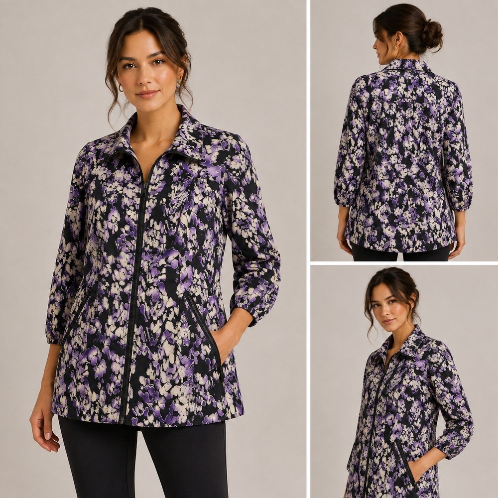 Zenergy by Chico's Zip Up Jacket Women 2 Purple Excellent Abstract Floral Print